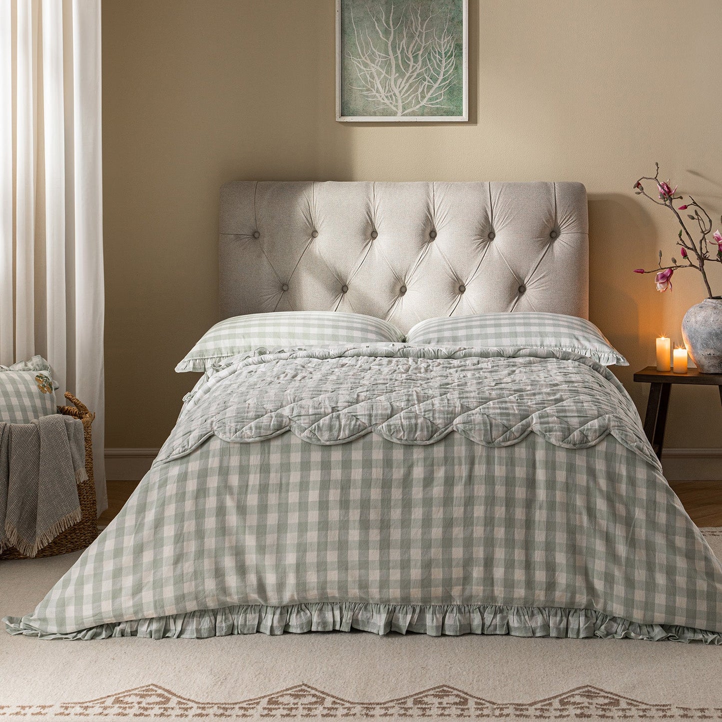 Portland Small Double Buttoned Fold-Out Bed in Ottoman, Beige Woven Fabric