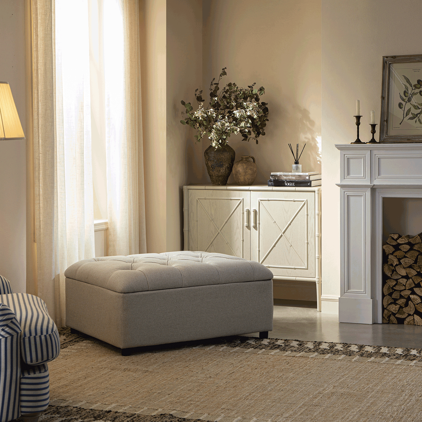 Portland Single Buttoned Fold-Out Bed in Ottoman, Beige Woven Fabric