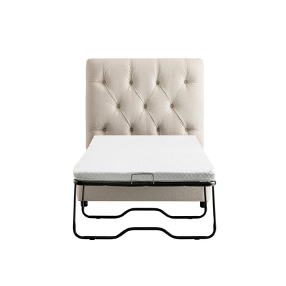 Portland Single Buttoned Fold-Out Bed in Ottoman, Beige Woven Fabric