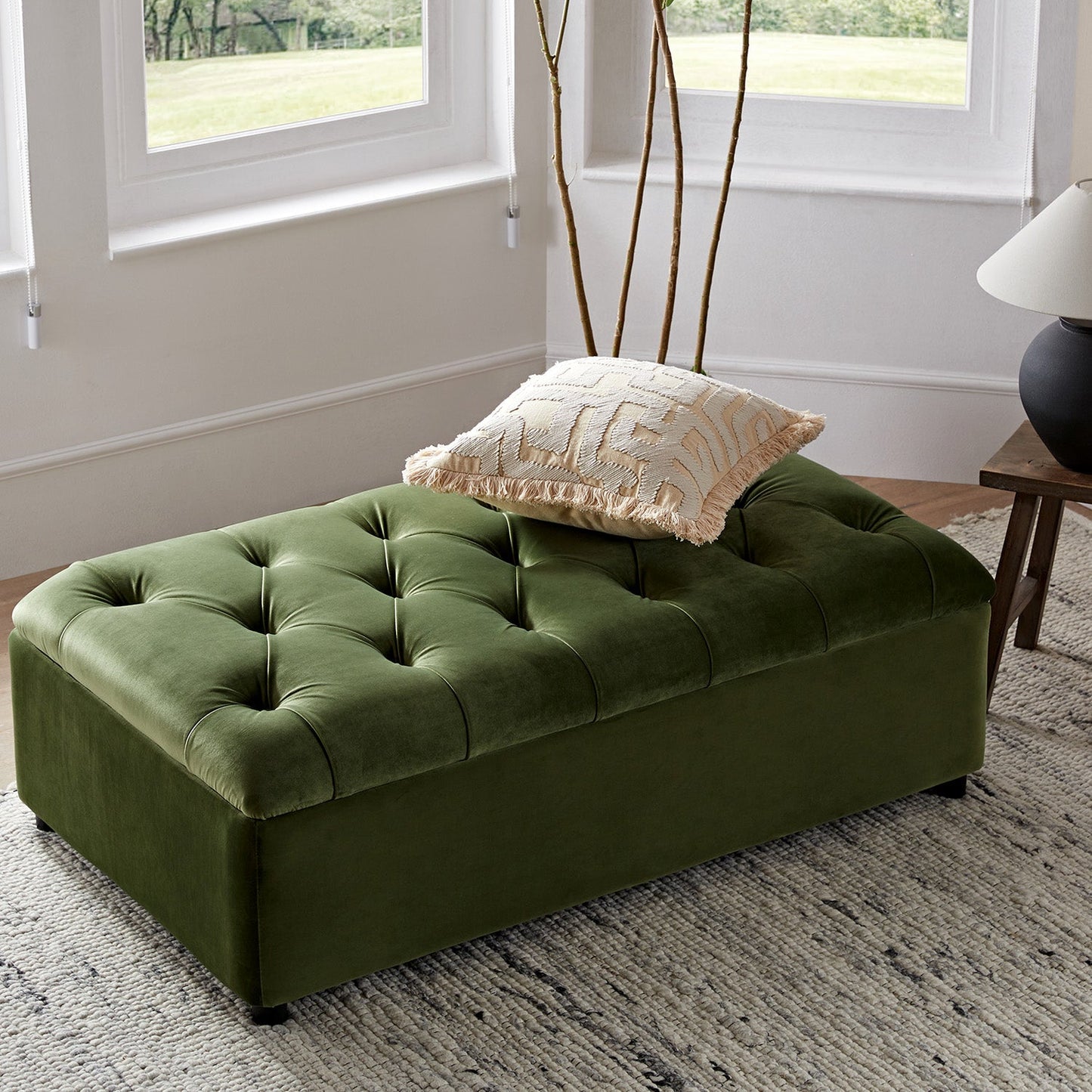 Portland Small Double Buttoned Fold-Out Bed in Ottoman, Moss Green Velvet