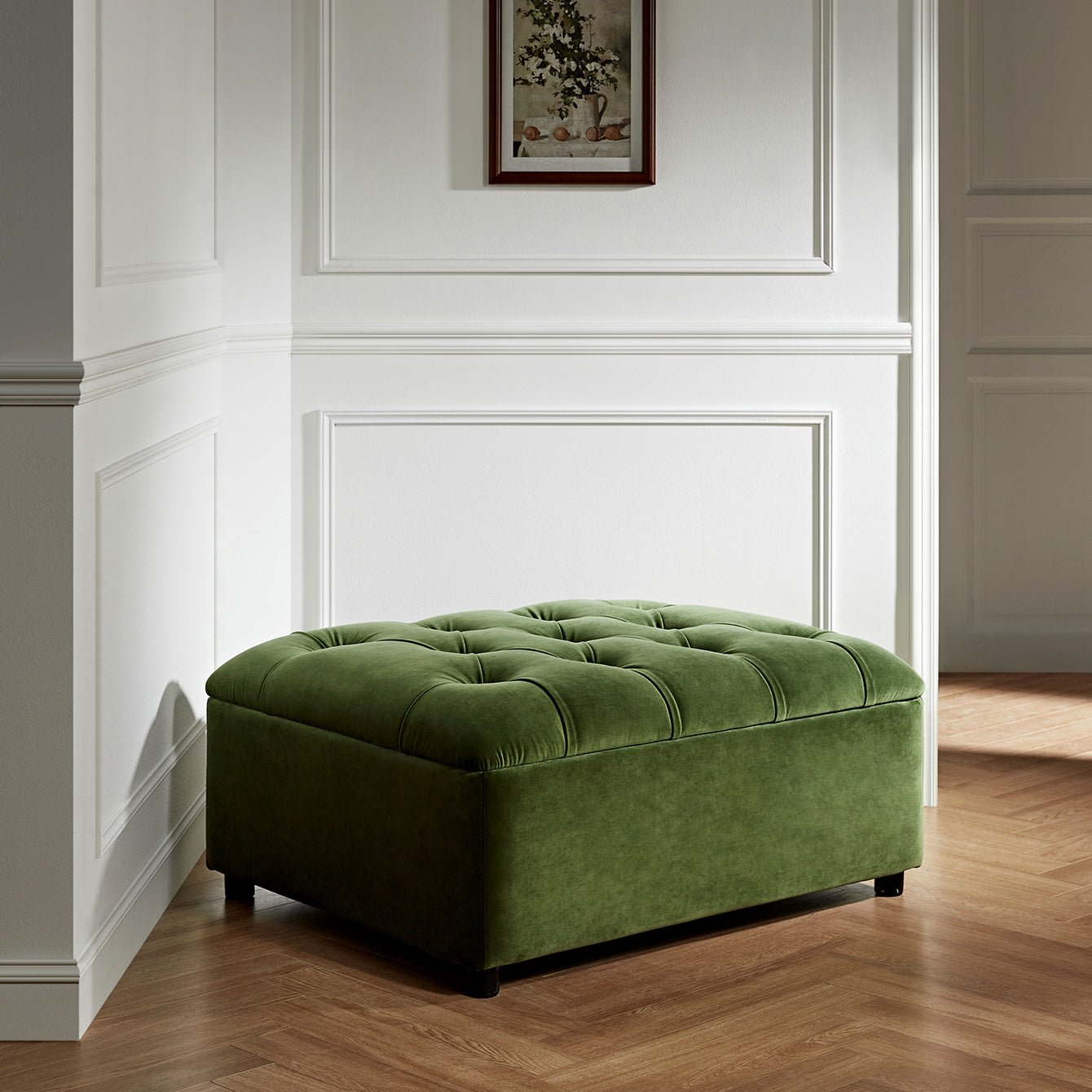 Portland Single Buttoned Fold-Out Bed in Ottoman, Moss Green Velvet