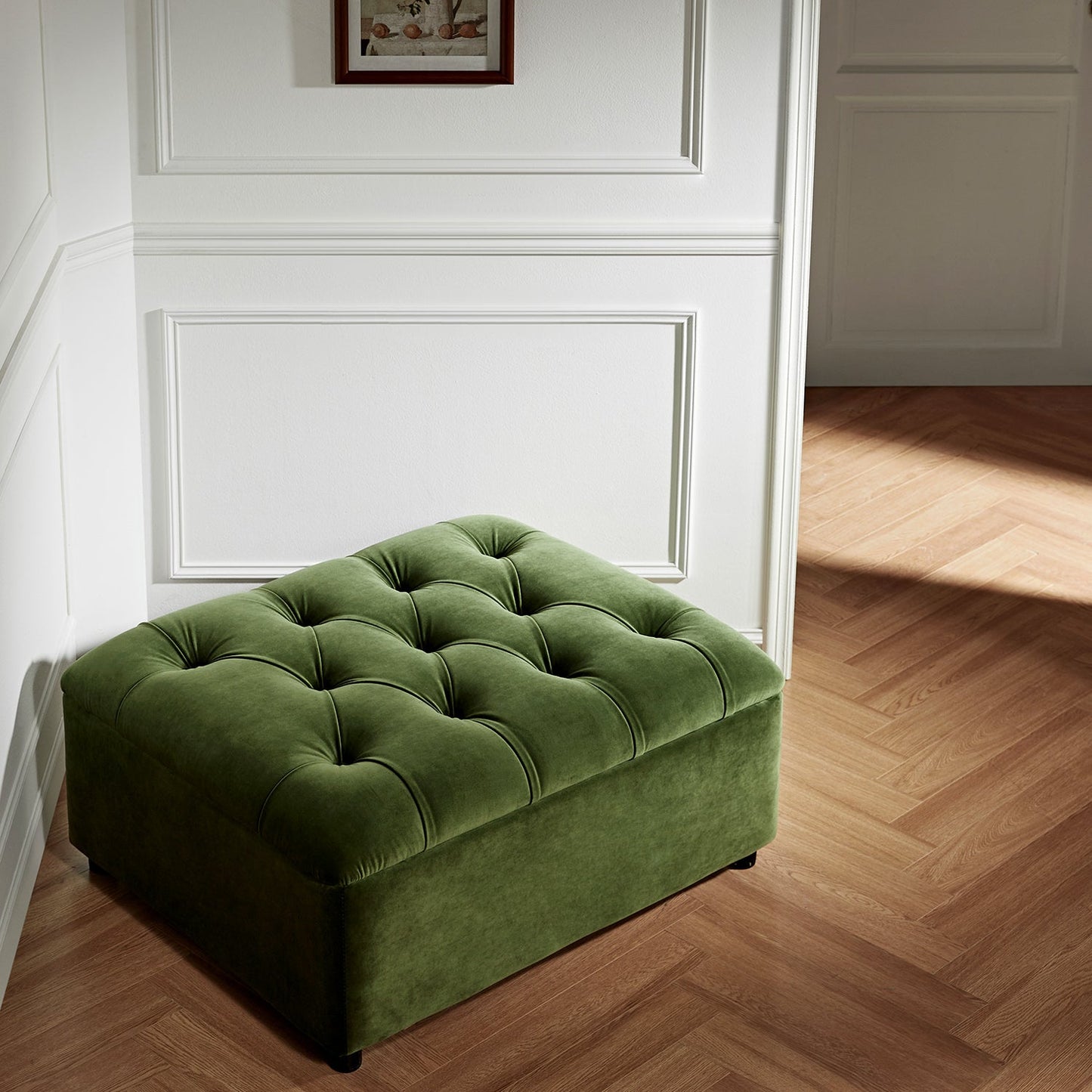 Portland Single Buttoned Fold-Out Bed in Ottoman, Moss Green Velvet
