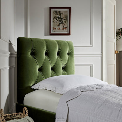 Portland Single Buttoned Fold-Out Bed in Ottoman, Moss Green Velvet