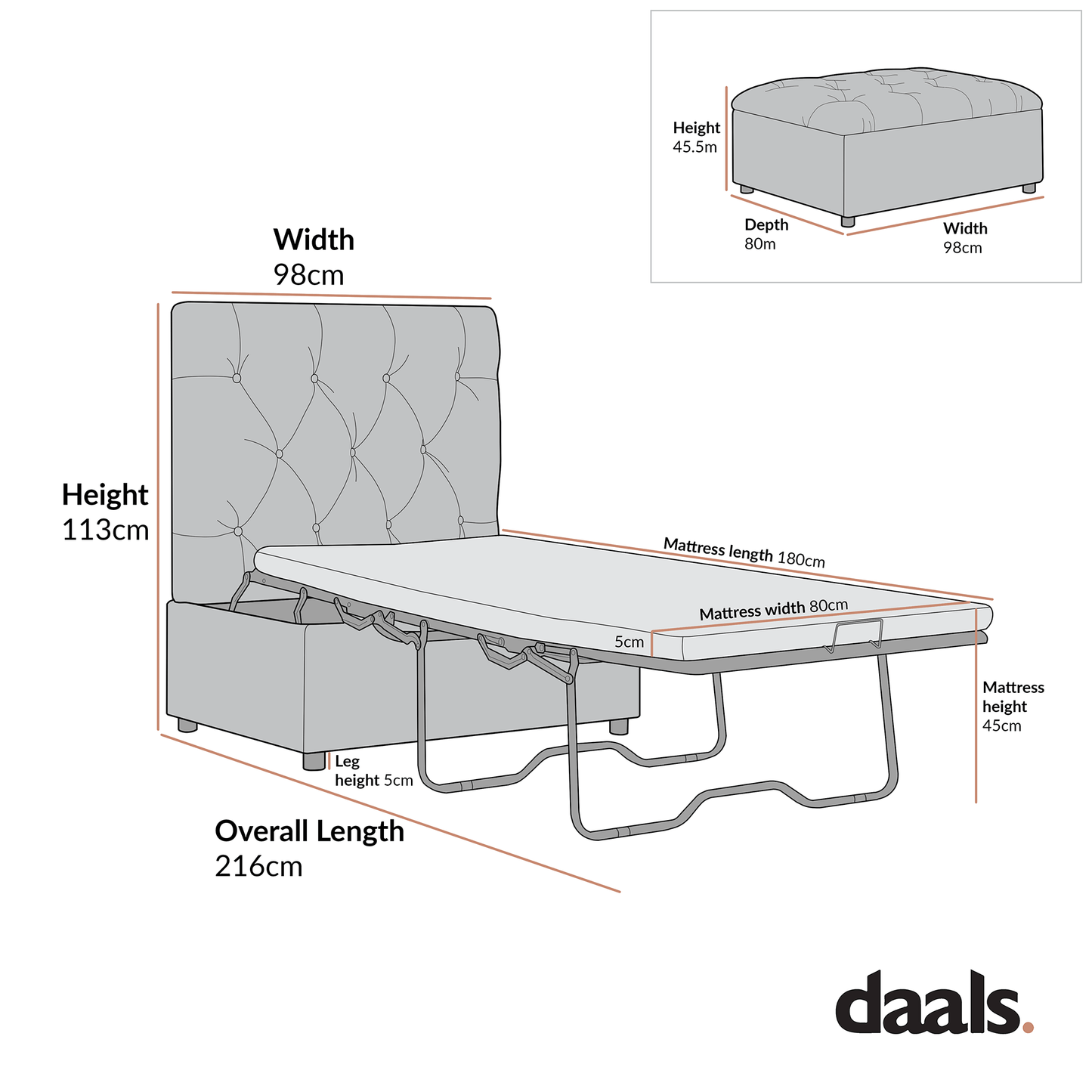 Portland Single Buttoned Fold-Out Bed in Ottoman, Mink Velvet
