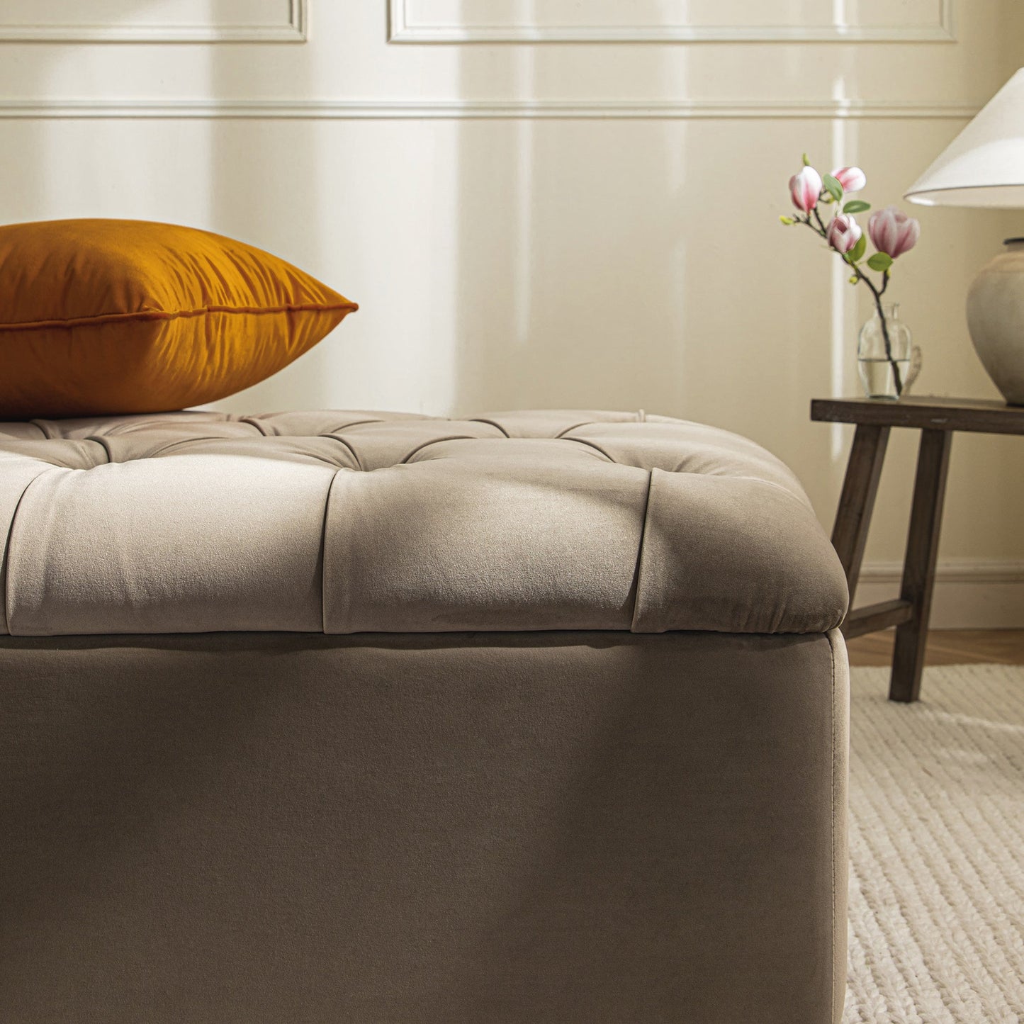 Portland Small Double Buttoned Fold-Out Bed in Ottoman, Mink Velvet