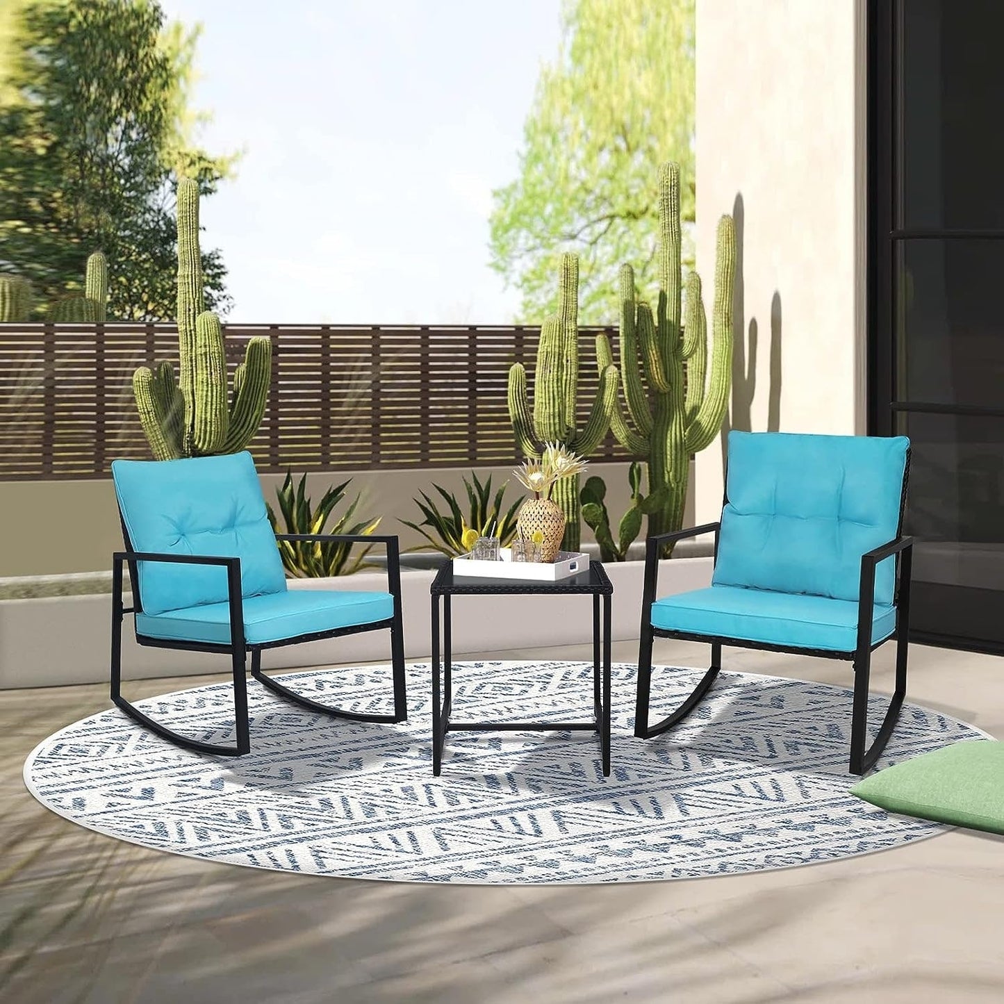 SUNCROWN 3-Piece Black Metal Outdoor Patio Rocking Bistro Set