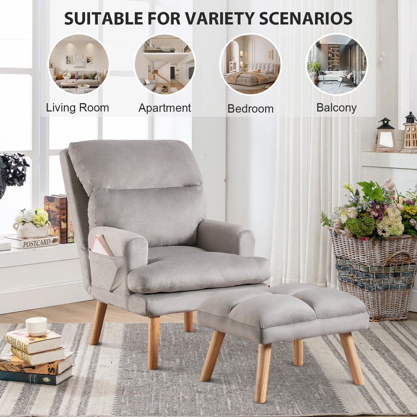 Soft Fabric Casual Living Room Armchair With Adjustable Backrest And Legs Stool
