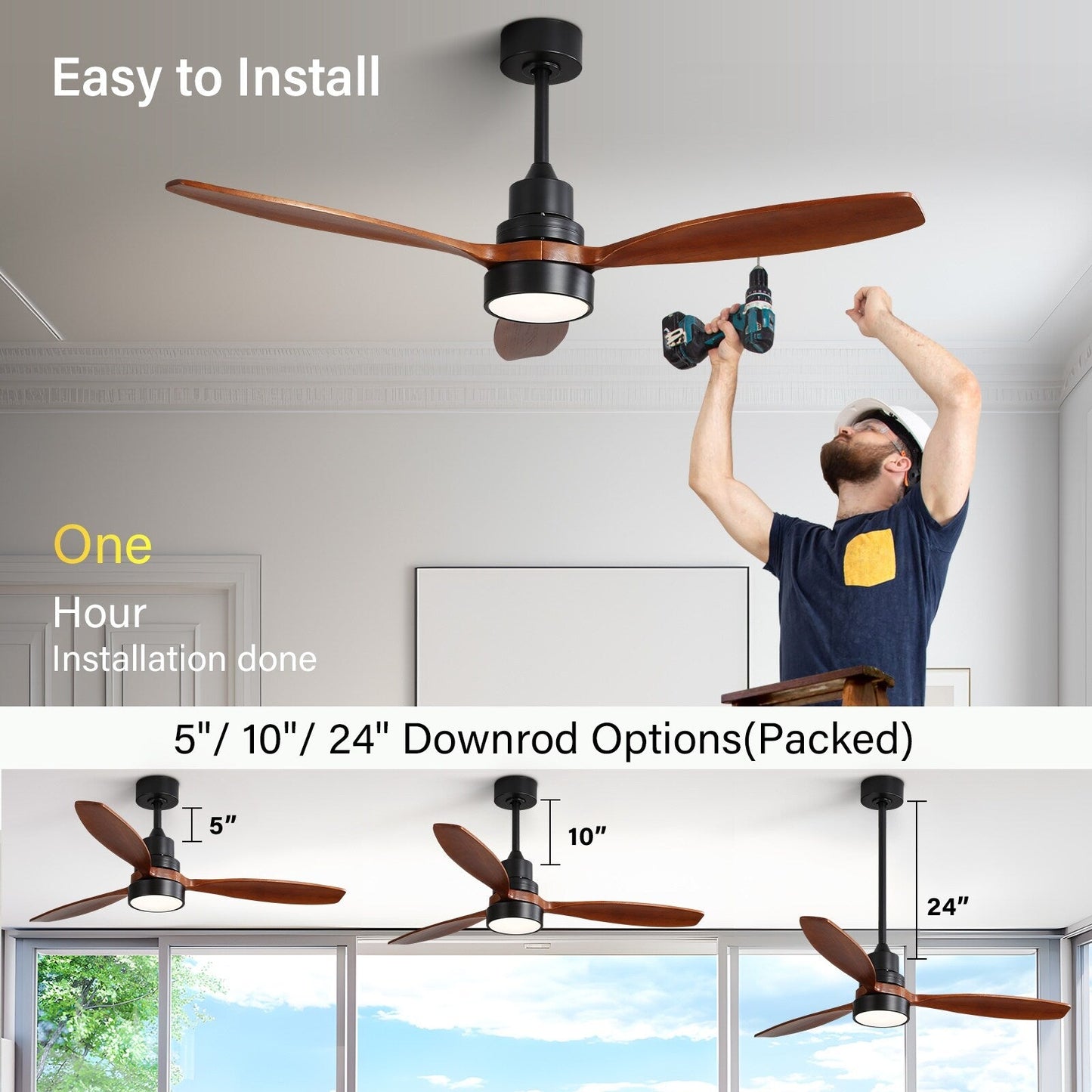 Sofucor 52 Indoor Wood Ceiling Fan Light with Remote, Integrated Light Optional