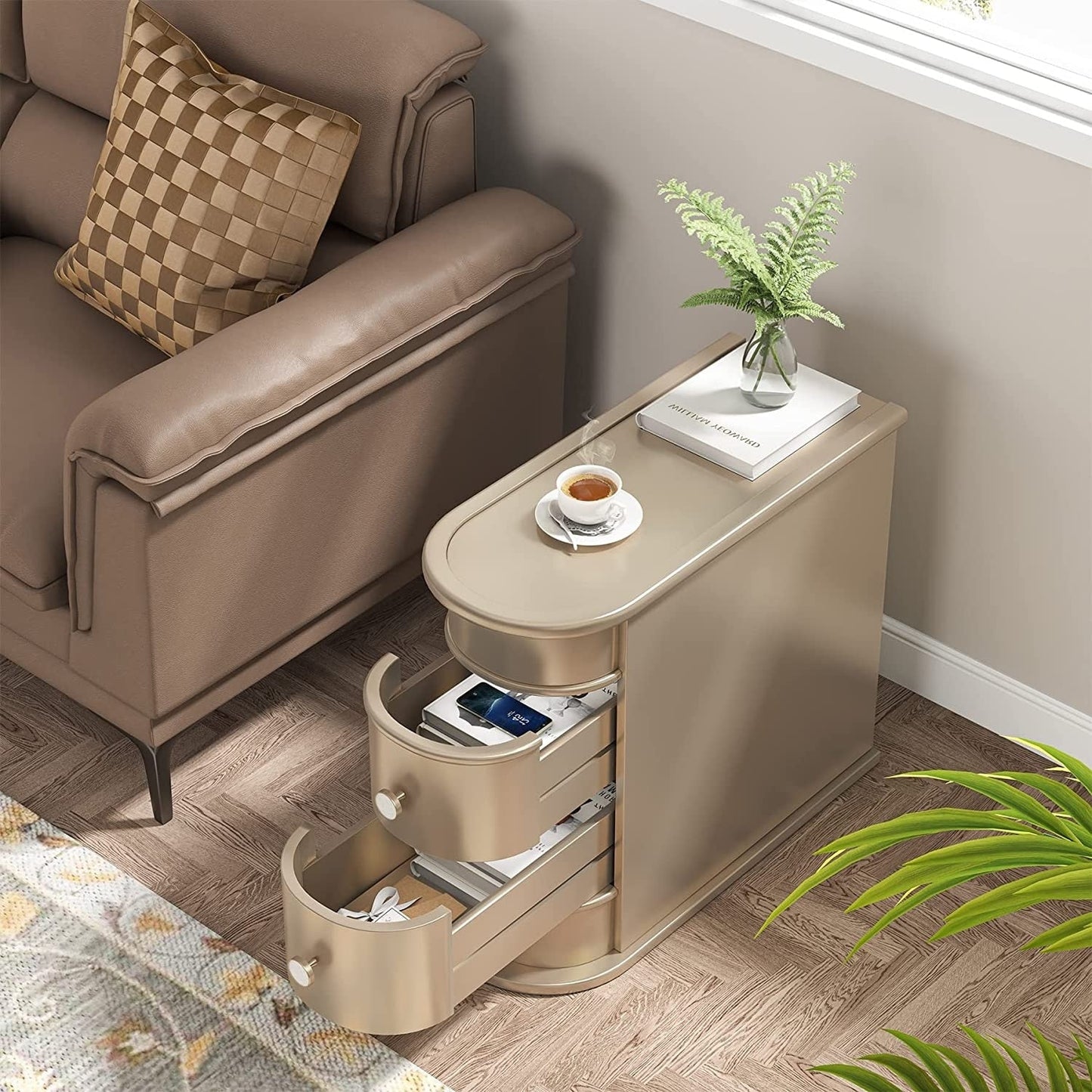 Solid Wood Chairside End Table, Two-Drawer Narrow Side Table Slim