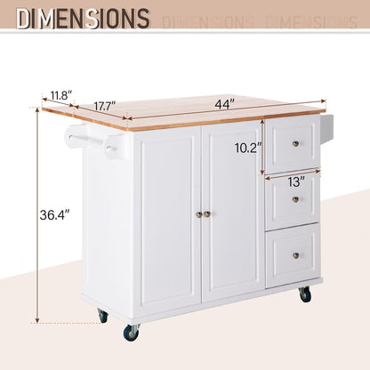 Sophia & William Kitchen Island Cart with Drop-Leaf and Rubber Wood Top, Rolling Kitchen Trolley Cart with Large Storage Cabinet