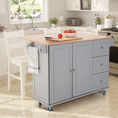 Sophia & William Kitchen Island Cart with Drop-Leaf and Rubber Wood Top, Rolling Kitchen Trolley Cart with Large Storage Cabinet