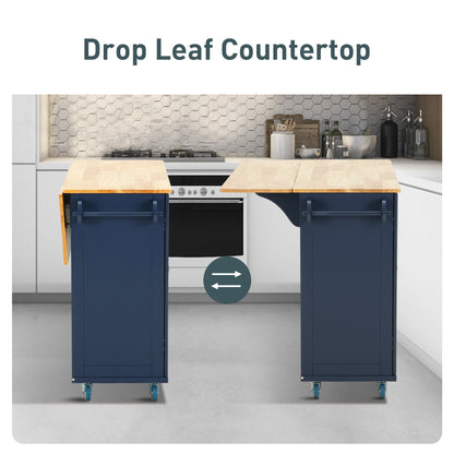 Sophia & William Kitchen Island Cart with Drop-Leaf and Rubber Wood Top, Rolling Kitchen Trolley Cart with Large Storage Cabinet