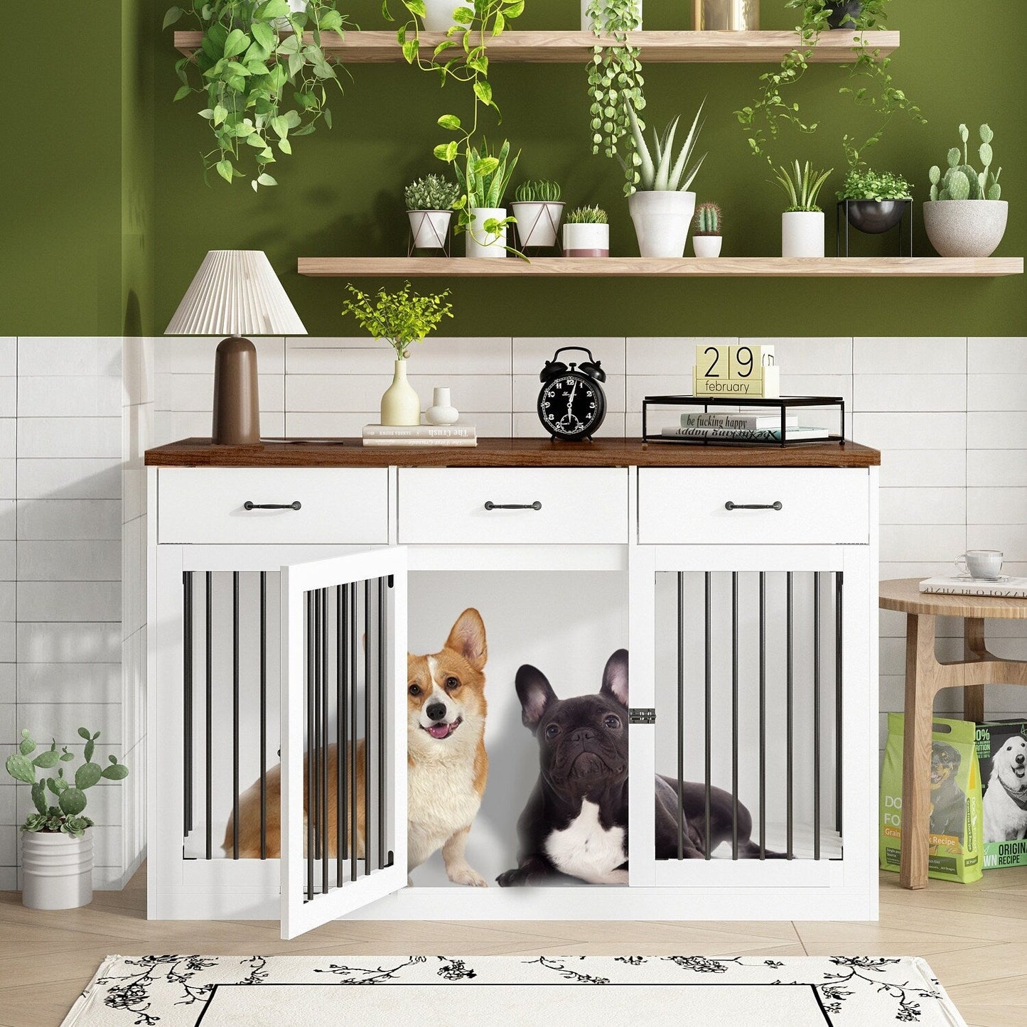 Stylish Wooden Dog Crate Furniture with Storage, 3 Drawers