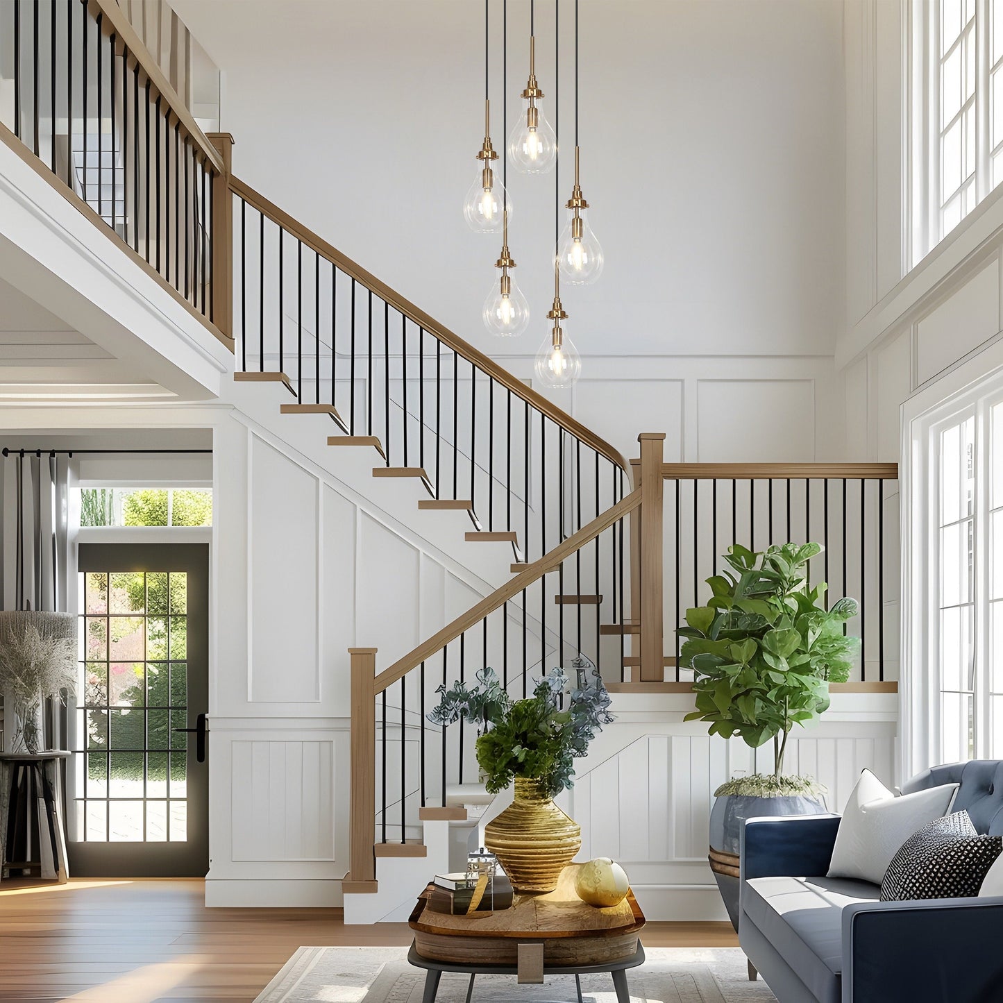 Synia Modern 5-Light Cluster Teardrop Glass Chandelier Stair Entryway Pendant Light for High Ceiling - D15'' x H18.2-74.2''