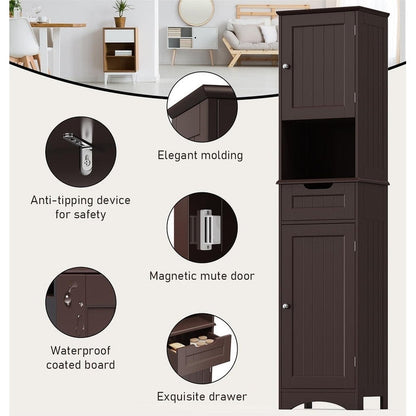 67'' Tall Bathroom Narrow Linen Cabinet, 5 Tiers Solid Wood Freestanding Storage Cabinet