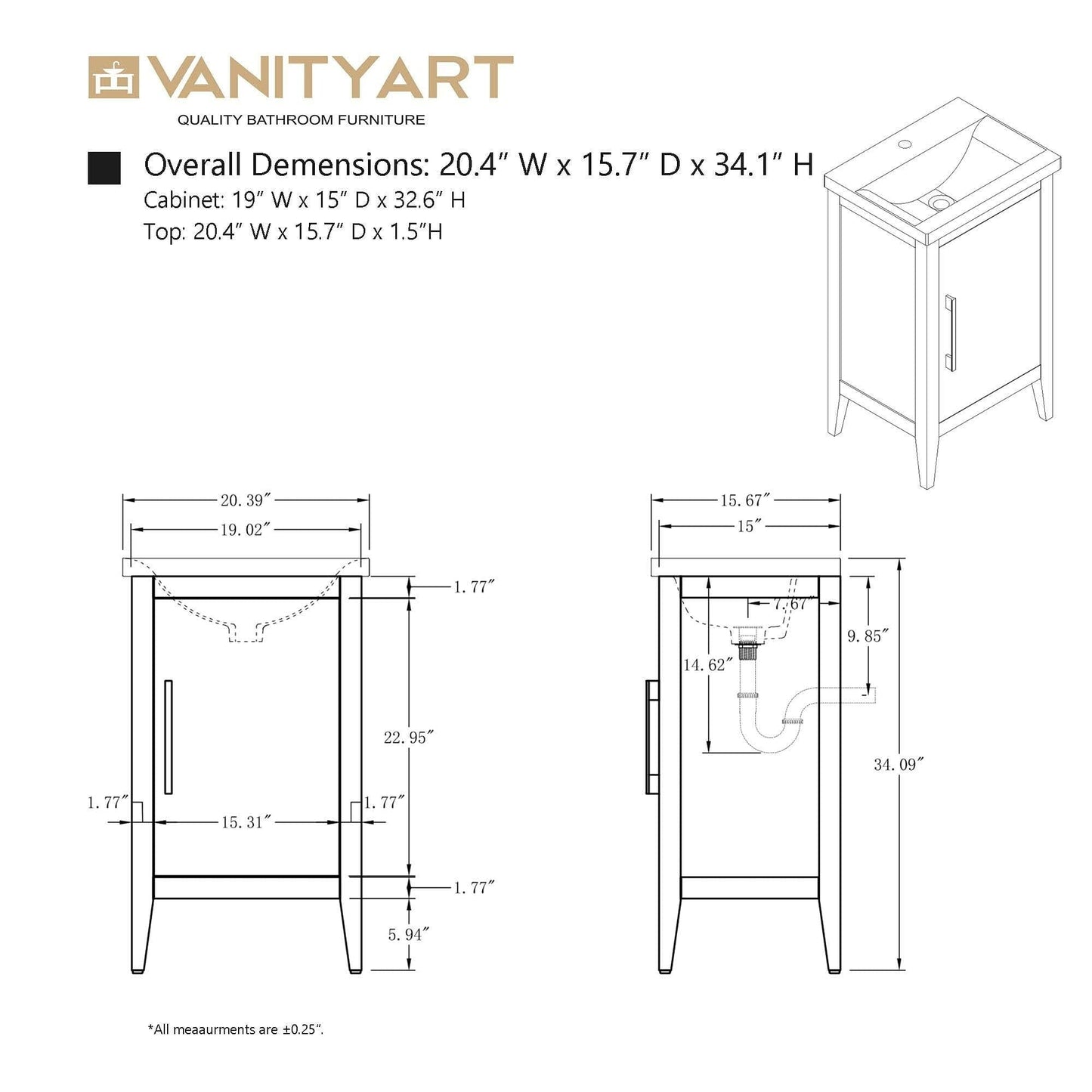 Vanity Art 20 or 24 or 30 Single Sink Bathroom Vanity Cabinet with Ceramic Top