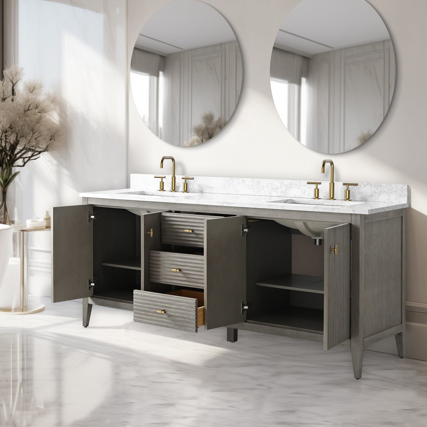 Vanity Art 72 Double Sink Bathroom Vanity Cabinet with Engineered Marble Top