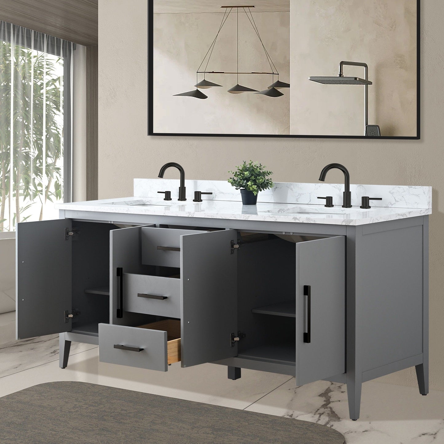 Vanity Art 72 Double Sink Bathroom Vanity Cabinet with Engineered Marble Top