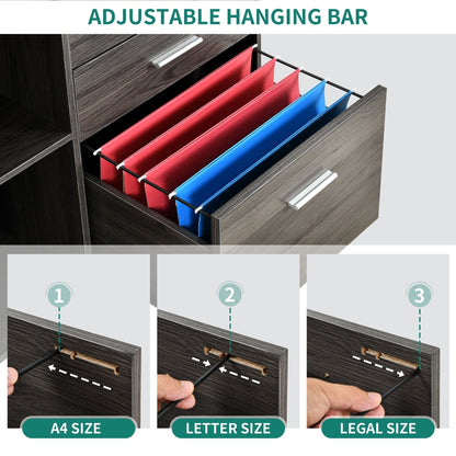 Wood File Cabinet with Charging Station Mobile Lateral Filing Cabinet Lockable Fits A4 Letter Legal Size Files