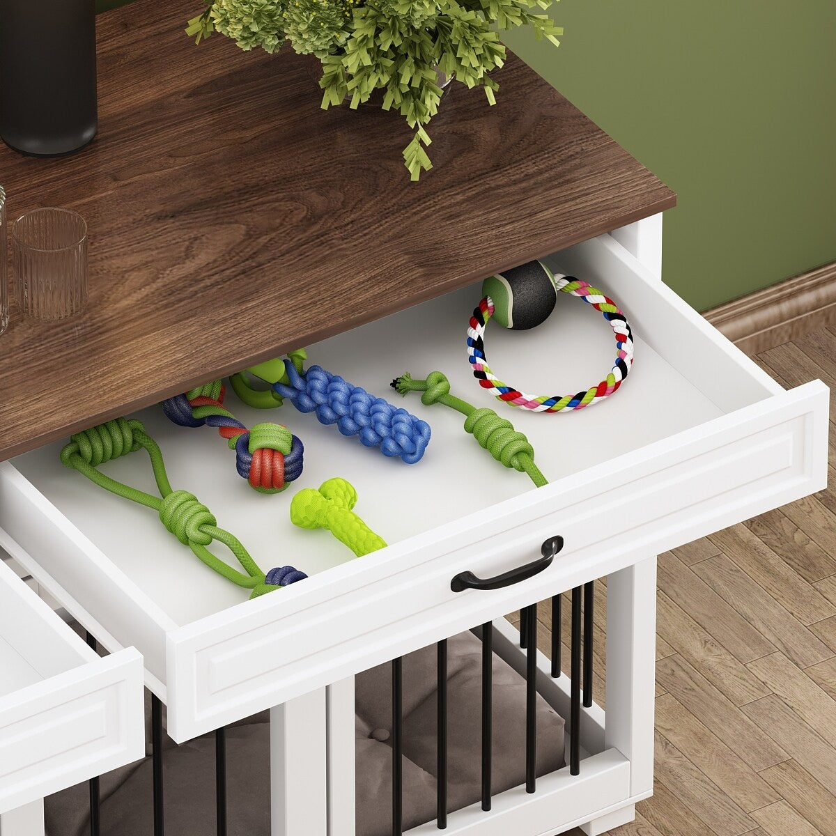 Wooden Double Dog Crate Kennel Furniture with 2 Drawers & Divider