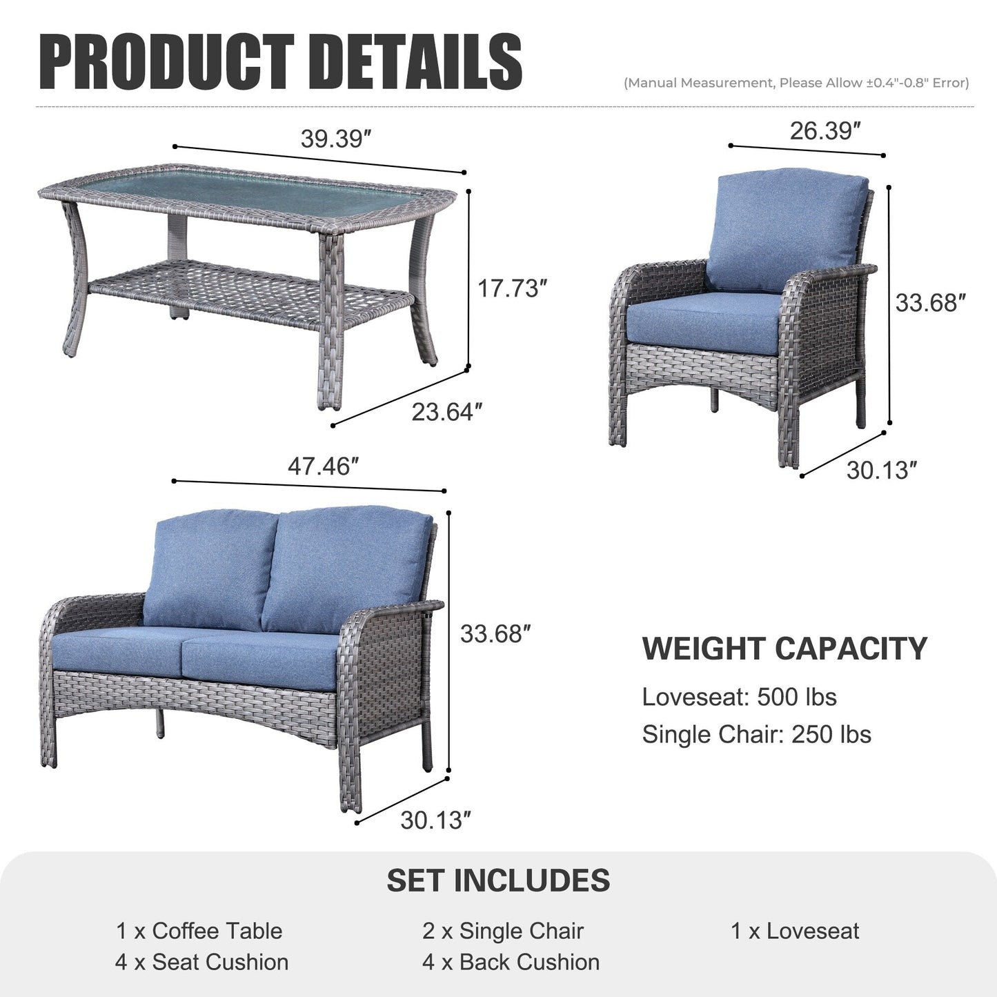 XIZZI 4-piece Outdoor Patio Furniture Conversation Set with Table