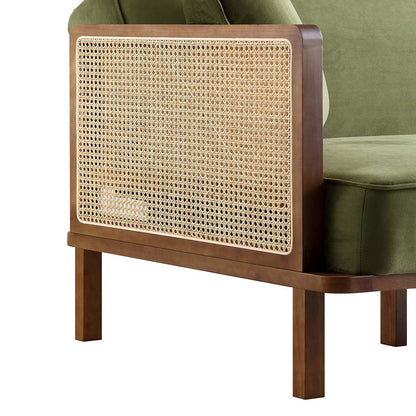 Pienza Cane Sofa Bed, Moss Green Velvet with Walnut Frame