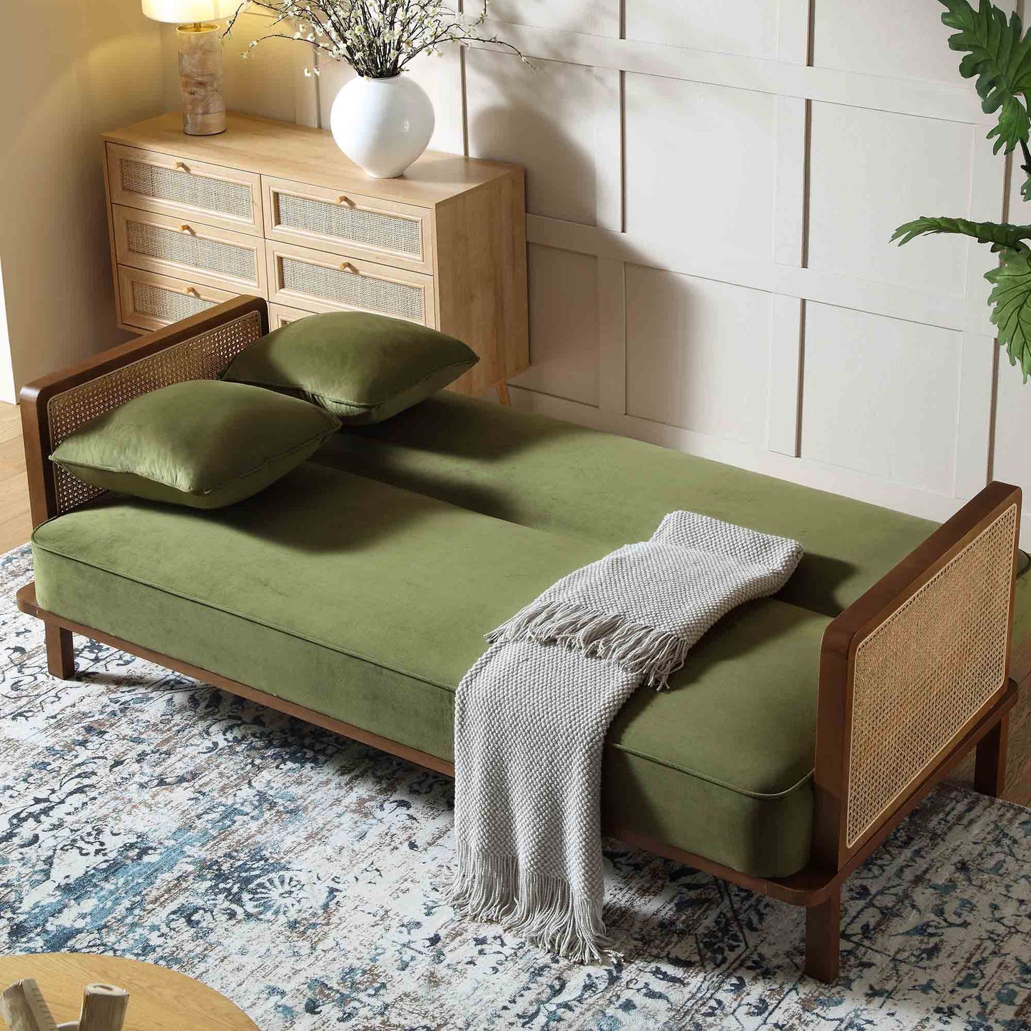Pienza Cane Sofa Bed, Moss Green Velvet with Walnut Frame