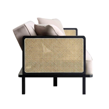 Pienza Cane Sofa Bed, Taupe Velvet with Black Solid Wood Frame