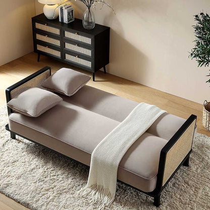 Pienza Cane Sofa Bed, Taupe Velvet with Black Solid Wood Frame