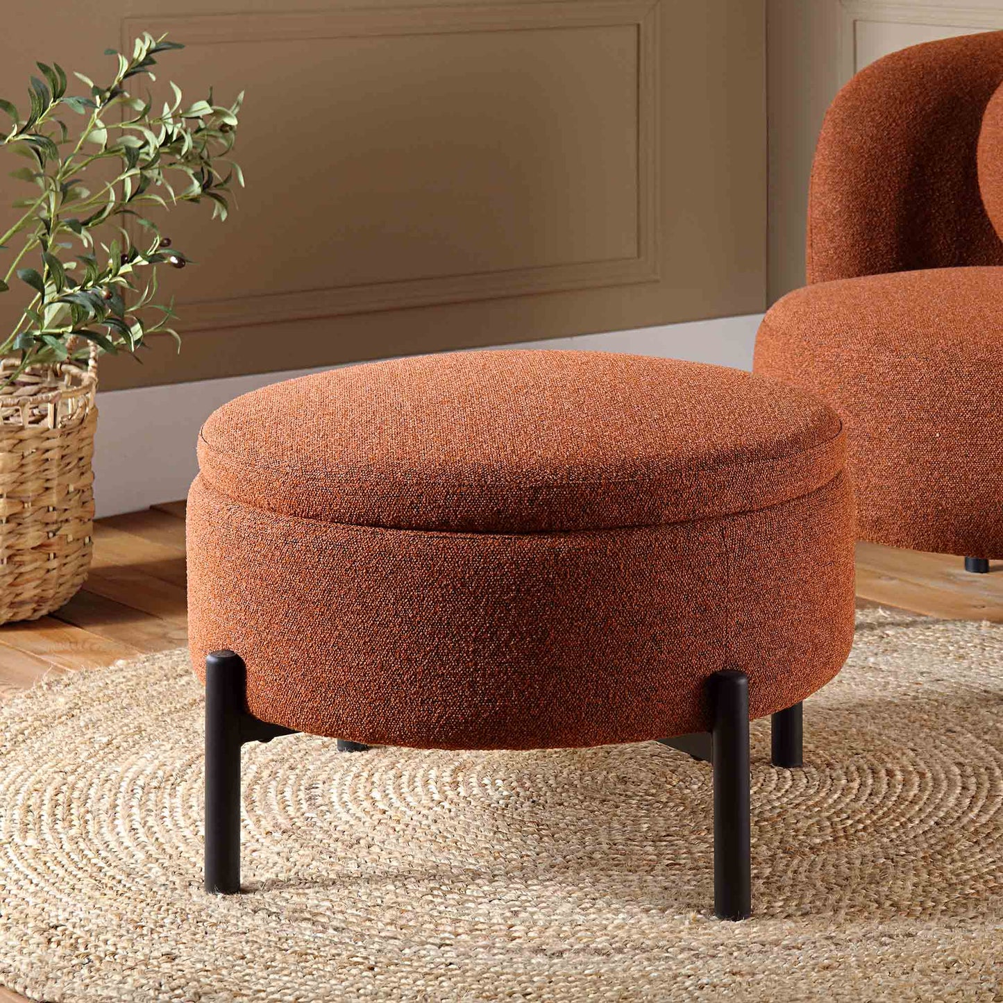 Amboise Round Storage Pouffe, Brick Boucle