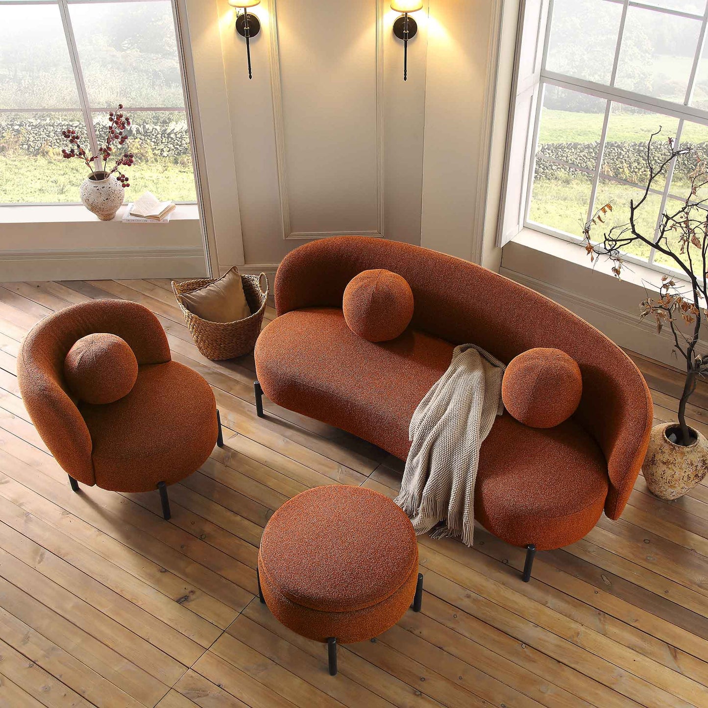 Amboise 3-Seater Curved Sofa with Ball Cushions, Brick Boucle