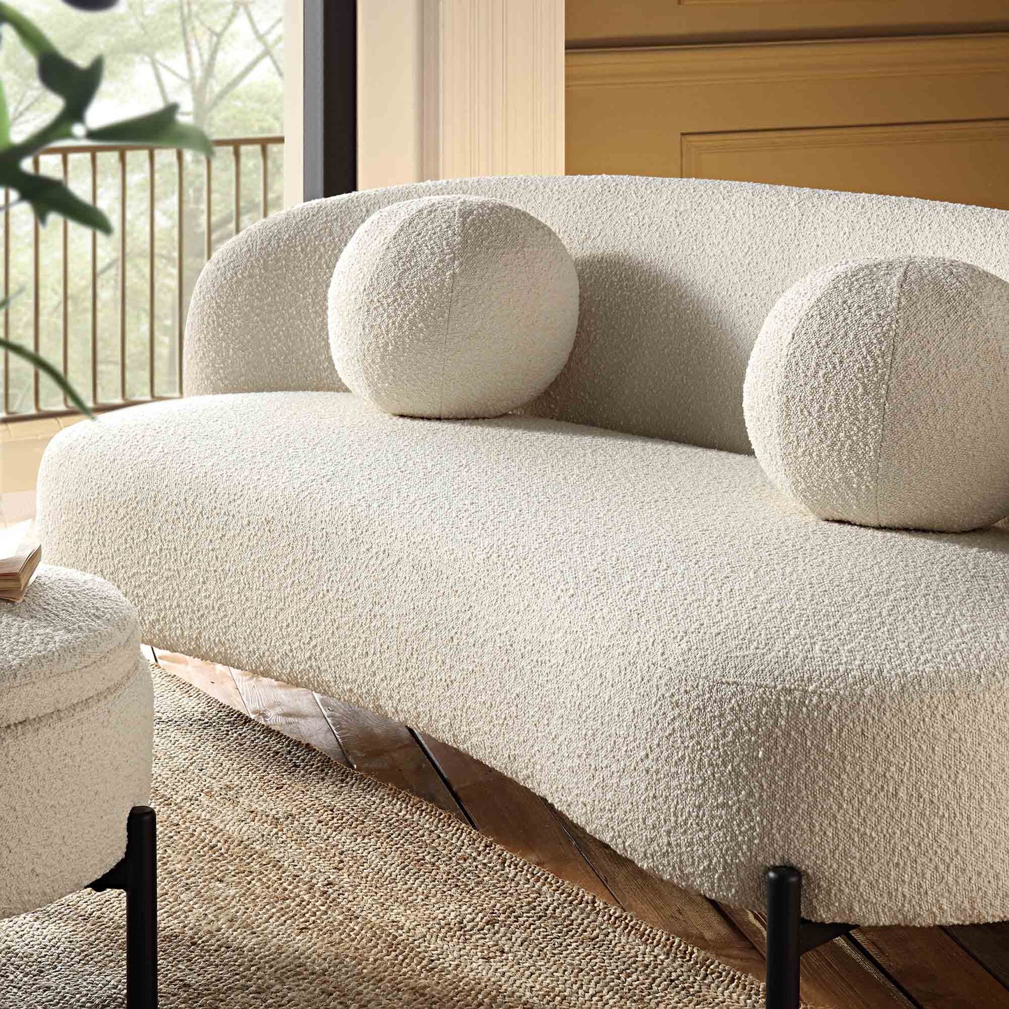 Amboise 3-Seater Curved Sofa with Ball Cushions, Ecru Boucle