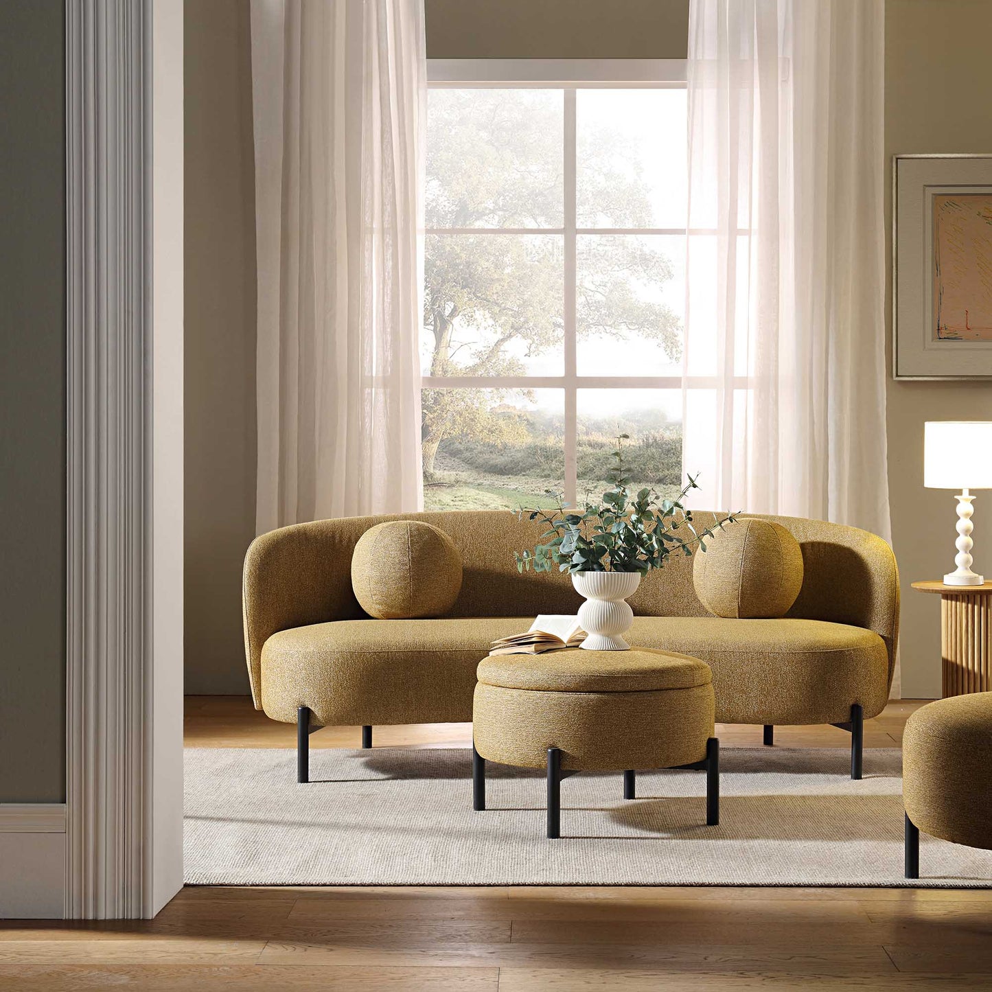 Amboise 3-Seater Curved Sofa with Ball Cushions, Marigold Textured Fabric